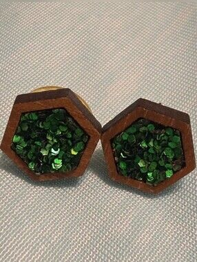 Jamielizabeth Hexagon Green Glitter Stud Earrings